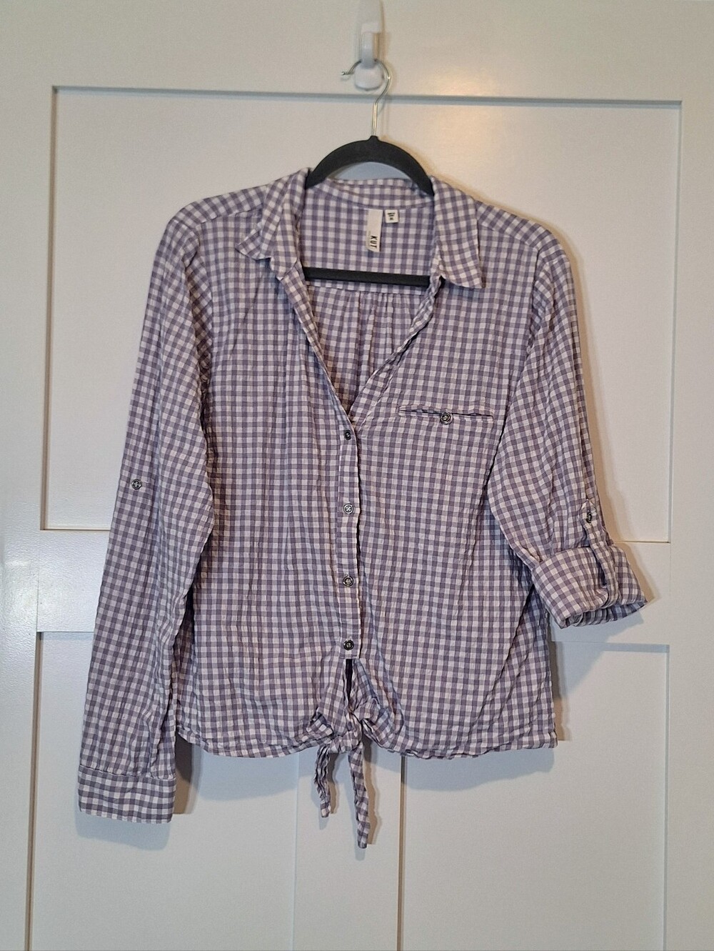 Kut From The Kloth Button Down Tie Front Seersucker Checkerd Top Lilac White XXL
